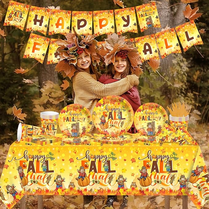 142Pcs Thanksgiving Plates and Napkins Set-Happy Fall Y'all Party Decoration Scarecrow Disposable Tableware Maple Leaves Pumpkin Harvest Thanksgiving Party Supplies