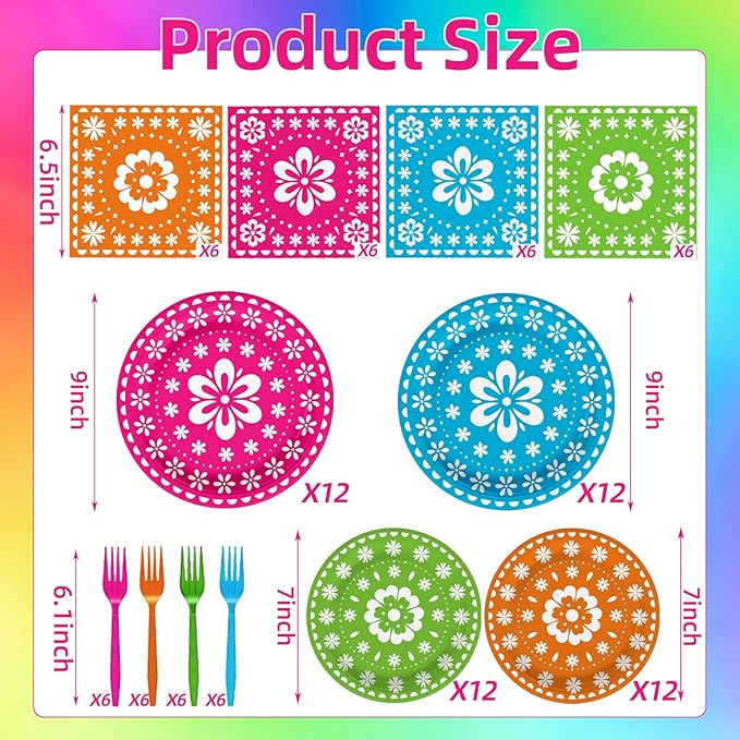 96 Pcs Mexican Fiesta Party Supplies Set, Serves 24 – Colorful Papel Picado Floral Paper Plates, Napkins, and Forks, Disposable Tableware for Cinco de Mayo, Birthday, and Fiesta Themed Decorations