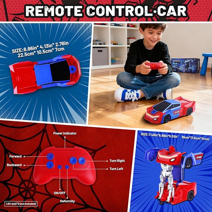 Remote Control Transformer Car with One-Button Deformation and 360° Rotation, Transform Robot RC Car for Kids 4-12 Years Old（Red）