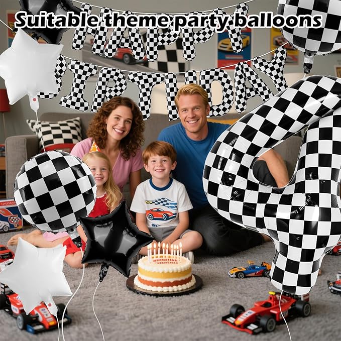 Racing Cars Themed Happy Birthday Banner Party Decorations Set Including 40 Inch Number 4 Foil Balloons, Themed Party Essentials, Checkered Backdrop Supplies for Boys Indoor Outdoor Celebration
