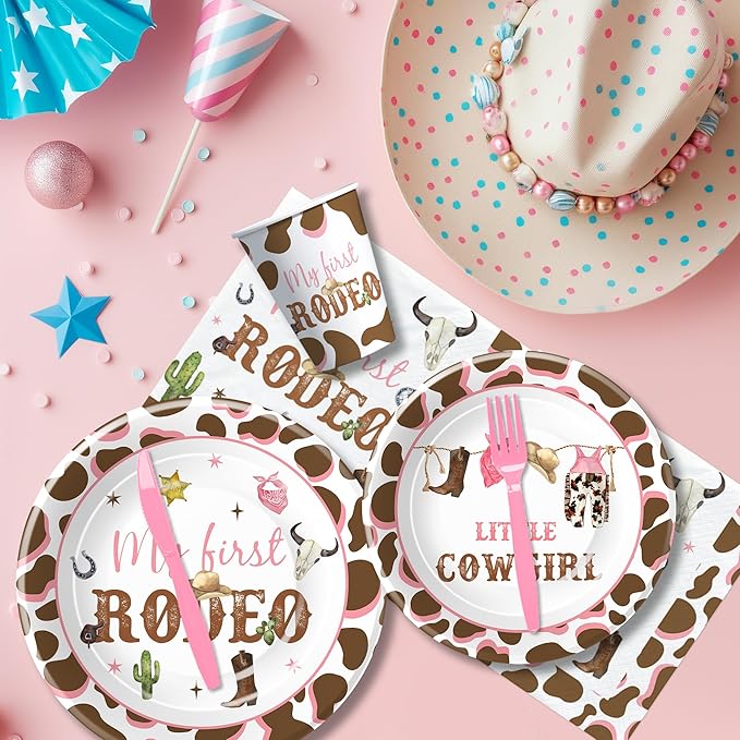 Western Cowgirl 1st Birthday Decorations Tableware, Wild West My First Rodeo Birthday Party Supplies Girl, Paper Plate, Cup, Napkin, Disposable Fork, Serves 24