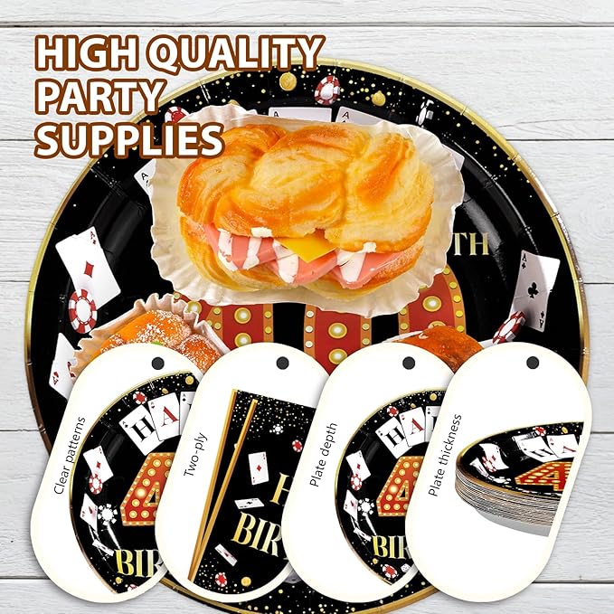 96Pcs Casino 40th Birthday Decoration Casino Themed Paper Plates and Napkins 40th Las Vegas Party Decoration for 40 Years Birthday Poker Game Night Vegas Party Supplies