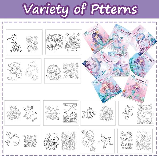 Lyosehy 24PCS Mermaid Mini Coloring Books Purple Mermaid Theme Party Favors Ocean Mermaid Coloring Books Bulk for Kids Mermaid Theme Birthday Party Drawing Book Craft Supplies