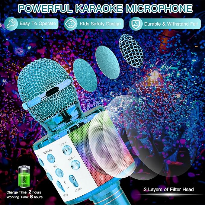 ShinePick Karaoke Microphone, 4 in 1 Wireless Microphone with LED Lights Handheld Portable Karaoke Machine, Home KTV Player, Compatible with Android & iOS Devices(Blue)