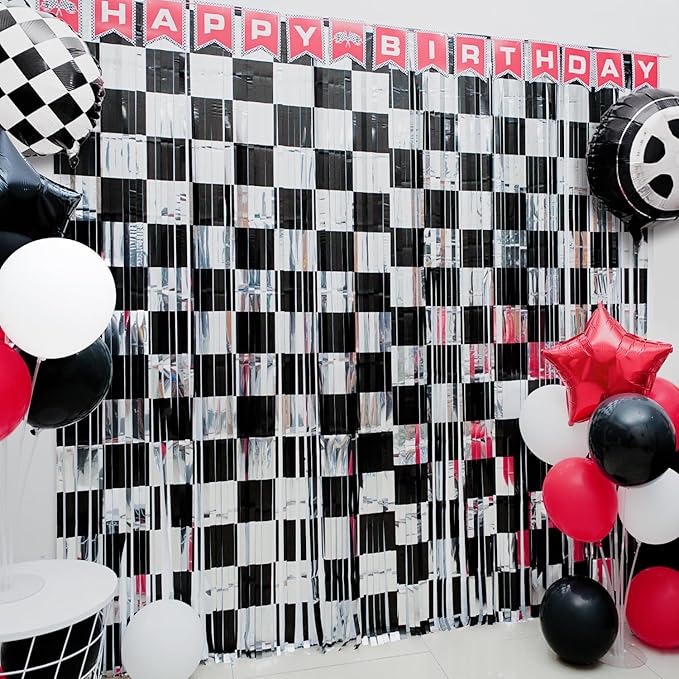 Race Car Birthday Party Decoration, 1 Pack Race Car Party Backdrop Photo Booth Prop, Black and Silver Checkered Fringe Curtains Tinsel Photo Streamers for One Happy Dude Race Car Theme Party Supplies