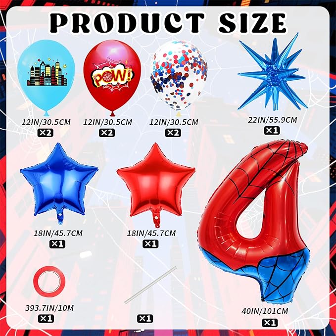 Spider Web Number 4 Balloon Birthday Decoration, Superhero Themed 40in Giant Mylar Number Party Supplies
