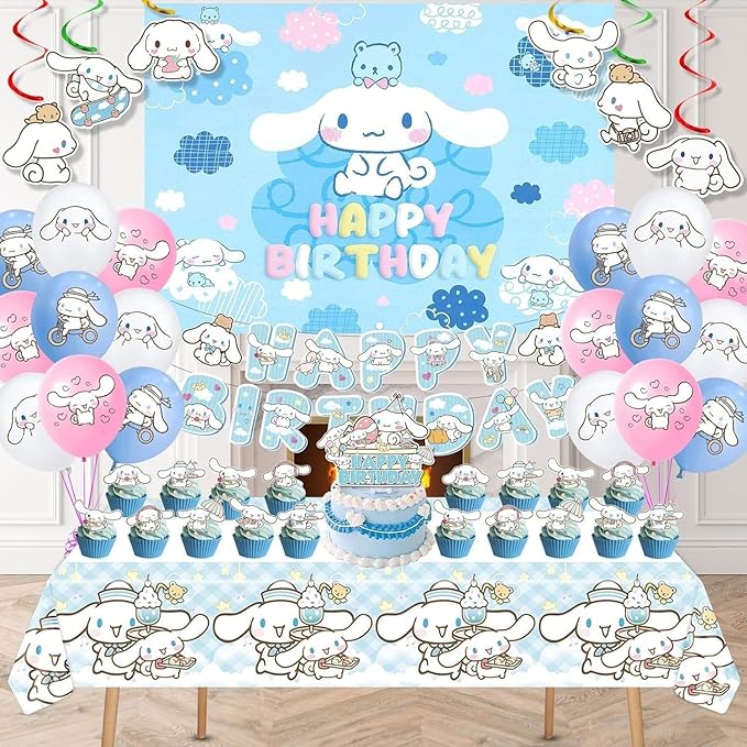 49 Psc For Cinnamoroll Birthday Decorations, Party Supplies Set Include Banner, Backdrop, Balloons, Hanging Swirls, Cake Cupcake Toppers, Tablecloth for Kids Cinnamoroll Theme Party