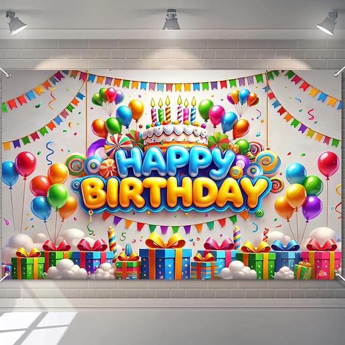 Happy Birthday Banner Decrations Colorful Backdrop 96x72 Inch Balloons Confetti Cake Background Decoration for Kids Boys Girls Photo Booth Party Supplies For Girls or boys gifts