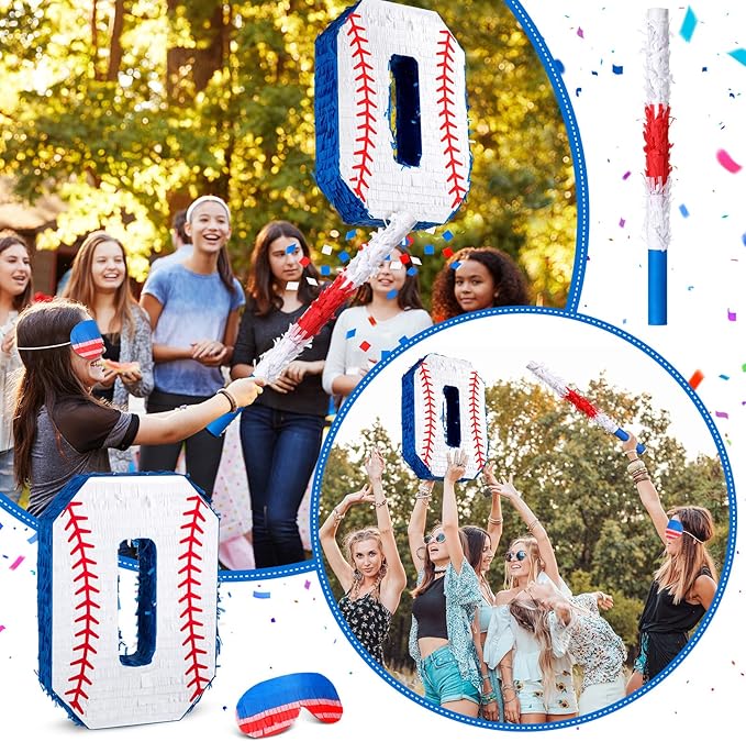 HyDren Baseball Piñata Baseball Party Decorations Number Piñata with Bat, Blindfold and Confetti, 16 Inch Sports Themed Birthday Party Supplies for Celebration Events(Number 0)