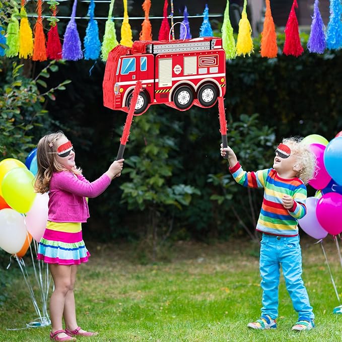 Fire Truck Piñata with Hanging Loop Blindfold Bat and Confetti Filler for Kids Boys Firefighter Firetruck Theme Birthday Party Decorations Supplies, 16.14 x 8.9 x 3.15 Inches