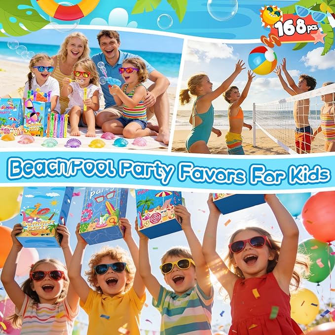 Pool Party Favors and Beach Party Favors 168pcs Summer Party Toys for Kids,Including Beach Balls, Sunglasses, Bubble Wands Party Supplies for Summer Birthday Ages 4-8 8-12