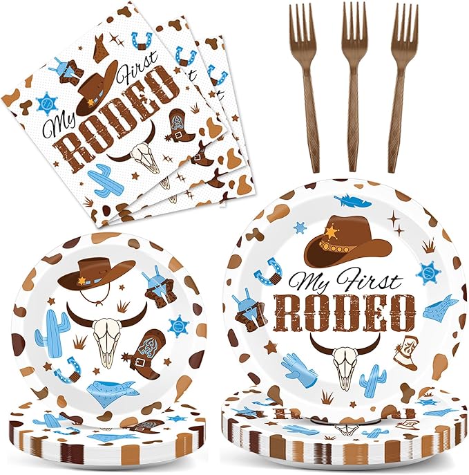 96 Pcs My First Rodeo Birthday Party Supplies Paper Plates Napkins Western Blue Cowboy 1st Rodeo Party Birthday Tableware Set Decorations Favors for Boy Baby Shower Serves 24
