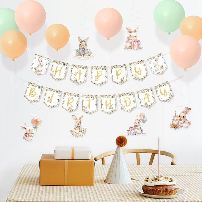 Bunny Birthday Decorations Kit, 36PCS Easter Bunny Party Supplies with Happy Birthday Banner, Hanging Swirls Ceiling Decoration and Balloons for Girls Baby Shower Rabbit Themed Party