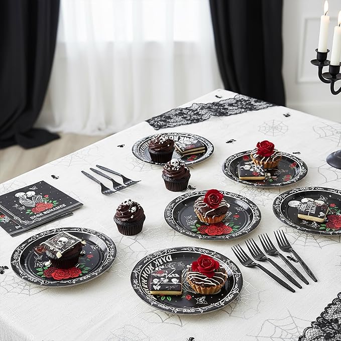 96Pcs Dark Romance Book Lover Skull Rose Black Gothic Party Plates Supplies Tableware Decorations Disposable Paper Plates Napkins Forks for Birthday, Serves 24