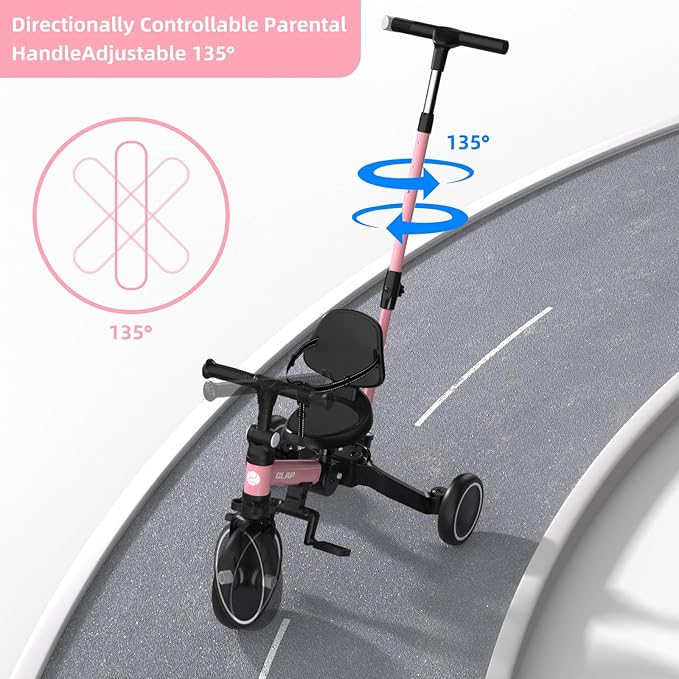 Glaf Tricycle for Toddlers 1-3 Toddler Bike with Push Handle 2-4 Years Baby Bike Toys for 2 Years Boys and Girls Balance Bike with Adjustable Seat Height and Backrest Birthday Gift (Pink