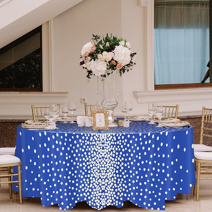 VitalCozy Round Dot Tablecloth 84 Inch Plastic Table Cover Polka Dot Confetti Tablecloths for Easter 2026 Graduation Prom Wedding Birthday Spring Party Supplies(Blue and Silver,3 Pcs)