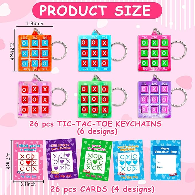 26PCS Tic Tac Toe Game Keychains Valentines Day Gifts for Kids School Classroom Valentine Exchange Cards for Toddlers Boys Girls Class Valentine’s Day Gift Party Favors Treat Goodie Bag Stuffers Bulk