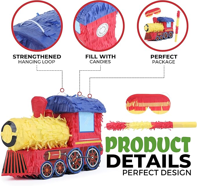 3D Train Pinata Bundle with a Blindfold and Bat (16x10.6x6.7 Inches), Train Pinata for Boys Birthday Party Supplies, Perfect for Birthday Party, Train Theme Party, Decoration