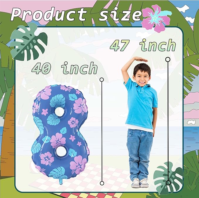 40 Inch Number 8 Balloon Leaf and Flower Birthday，8th Birthday Decorations for Kids' Parties Hawaii Party Supplies Favor Pink and Blue