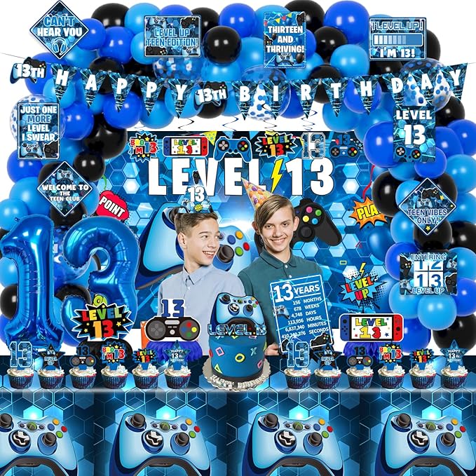 13th Birthday Decorations for Boys, 150Pcs Blue Video Game level 13 Party Supplies for Boy 13th Birthday - Backdrop, Banner, Balloons, Tablecloth, Centerpieces, Hanging Swirls, Wall Signs