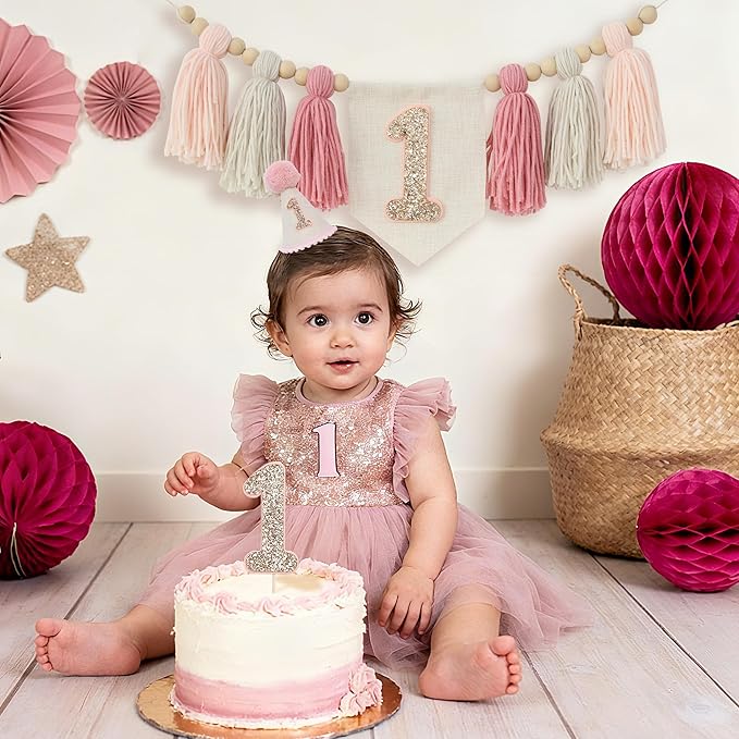 Pink Baby Girl 1st Highchair Banner Wood Bead Tassel Garland Conical Cap Bling Cake Topper Birthday Party Decorations