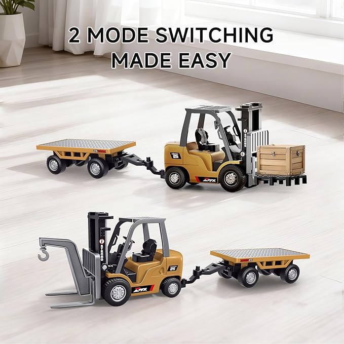 BRRRRT 1/64 Full Proportional RC Forklift Toy,8 Channel 2 Mode Mini Remote Control Forklift Truck with Flatbed Tow Truck,2 in 1 Transformable Lift Fork & Hook with Rechargeable Battery for 4+ Kids