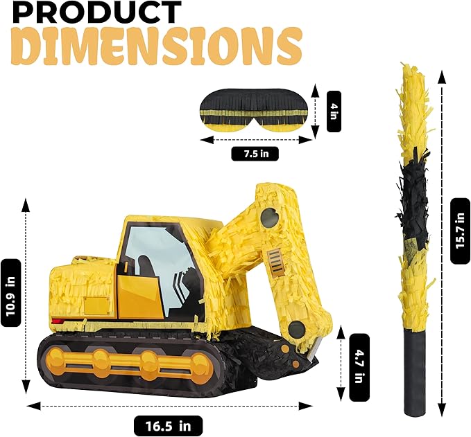 Excavator Pinatas Bundle with a Blindfold and Bat (16.5x11x4.7 inch), Pinata for Construction Theme Birthday Parties, Boys Birthday Party Supplies, Decoration