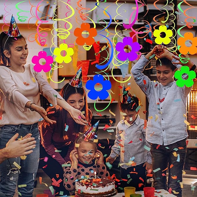 56 Pcs Hollow Flowers Hanging Swirls Decorations Neon Streamer for Ceiling Flower Neon Garlands Glow Party Supplies Decoration UV Black Light Neon Party Swirling Decorations for Dark Birthday Favors
