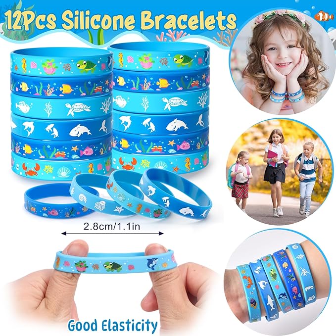 Winrayk 12 Sets Under the Sea Party Favors Birthday Supplies for Kids, Sea Animal Drawstring Bags Silicone Wristbands Luminous Stickers Keychain, Goodie Bag Stuffers Ocean Themed Party Favors Supplies