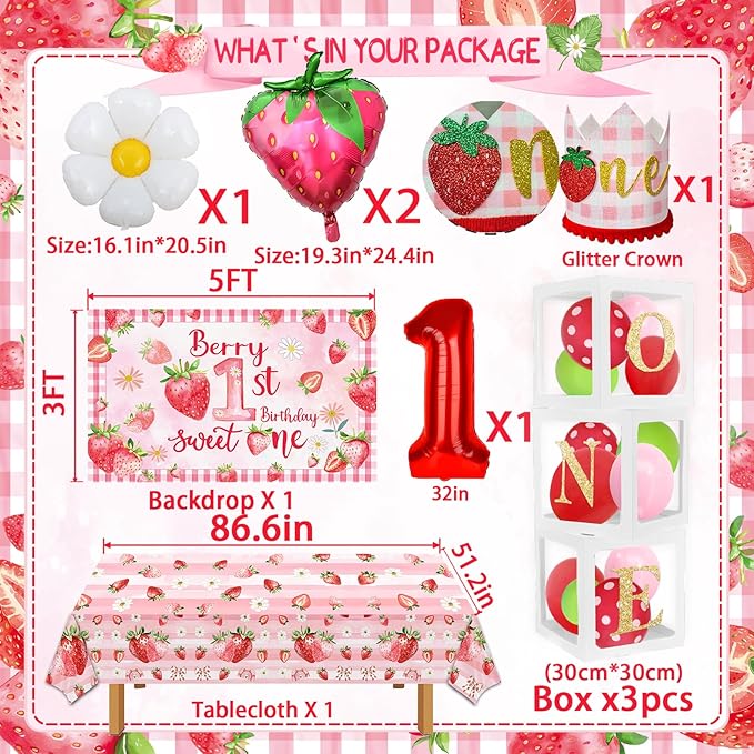 Strawberry first Birthday Decorations for Girls Berry Sweet One Strawberry 1st Birthday Decor Party Supplies include Photo Banner Highchair Banner Crown Balloon Boxes Backdrop Tableware Set