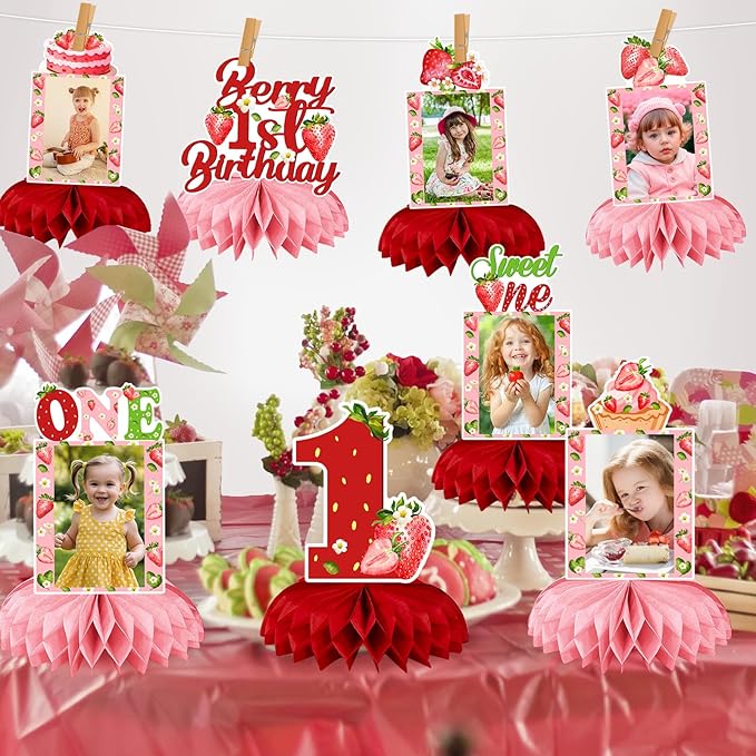 Strawberry Birthday Decorations, Strawberry Sweet One Party Decorations Honeycomb Centerpiece for Table, Strawberry Baby Birthday Decorations Girl Photo Table Centerpiece Party Supplies