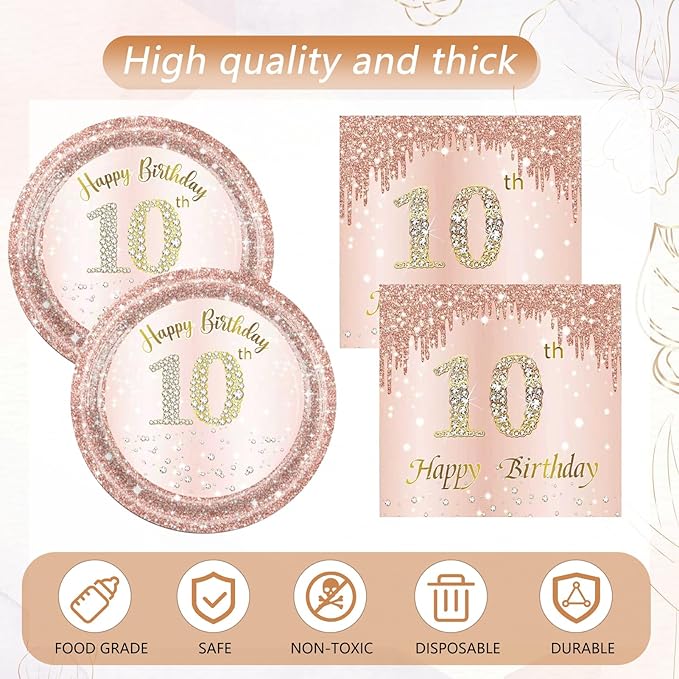41 Pcs 10th Birthday Decorations for Girl,Rose Gold Happy 10 Years Old Ten Birthday Party Tableware Set 10th Birthday Party Plates and Napkins,Tablecloth for Kids Girls Teenager Favors