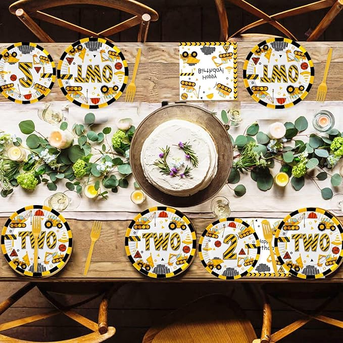118pcs Construction 2nd Birthday Decor Construction Two Years Old Paper Dinner Plates Napkins Forks Cups Tablecloth Banner Dinnerware for Dump Truck Theme 2nd Bday Party Supplies Decorations