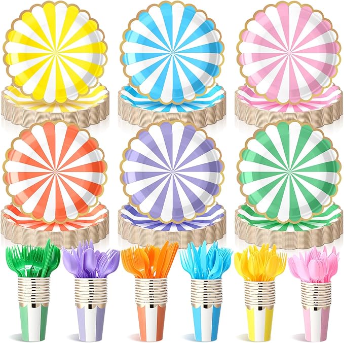 Mimorou 150 Pcs Pastel Scalloped Paper Plates Disposable Macaron Party Plates 7 Inch Gold Edge Colorful Dinnerware Set Striped Pastel Rainbow Tableware for Wedding Birthday Baby Shower Party Supplies