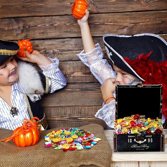 Gejoy 430 Pcs Summer Pool Pirate Party Favors Pirate Treasure Jewels and Gold Fake Coins Booty Chest Play Set with Drawstring Bag for Summer Diving Adventure Themed Party Decorations