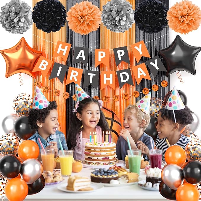 Basketball Party Supplies,Basketball Theme Birthday Decorations,Include Orange Black Balloons Happy Birthday Banner Fringe Curtain Tissue Paper Pompoms Garland