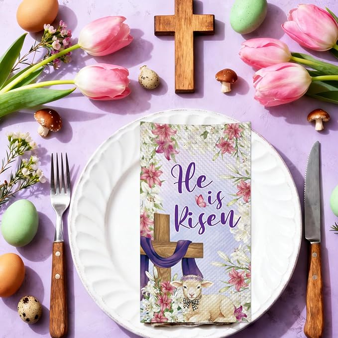 100Pcs Christian He Is Risen Easter Napkins - Easter Lamb Flowers Cross Party Napkins Spring Floral Theme Party Supplies Disposable Luncheon Dinner Napkins 7.8" x4.3" for Tea Party Kitchen Bathroom