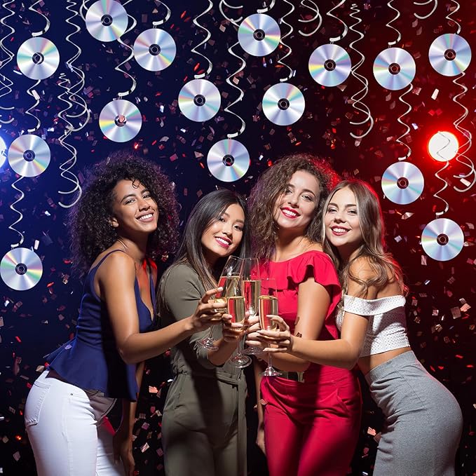 60 pcs 90s Disco Party Decorations Y2K 2000sTheme Party Hanging Swirls CD Cutout Wall Decor Sign with Hanging Swirls Ceiling for 50s 70s 80s Music Party Birthday Party Favors Supplies