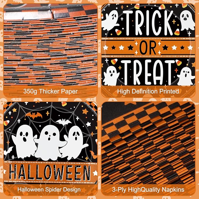 150 Pcs Happy Halloween Plates and Napkins Set - Trick or Treat Ghost Paper Tableware, Disposable Dinner Dessert Paper Plates Napkins Kit for Halloween Table Decorations Party Supplies, Serve 50