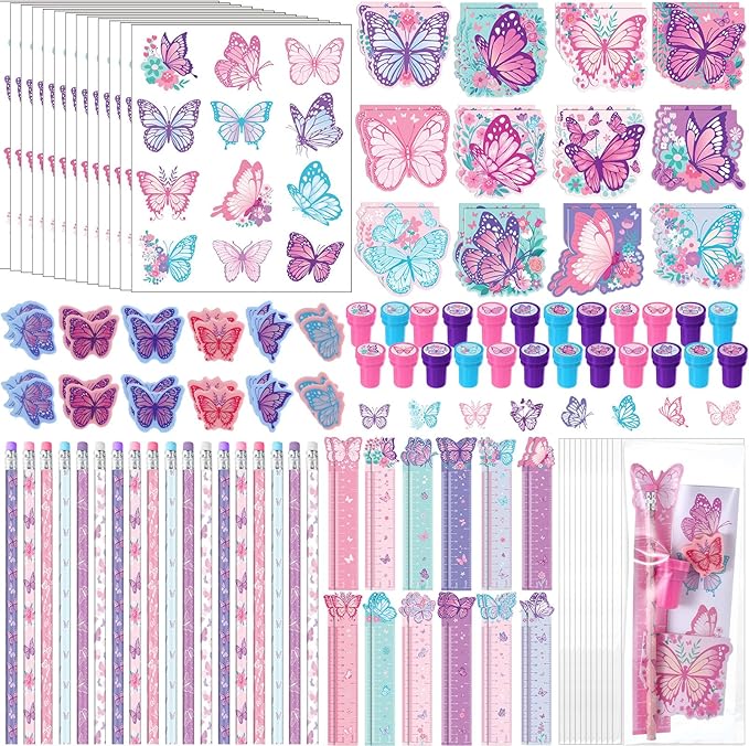 Pajean 168 Pcs Butterfly Party Favors Set Butterfly Fairy Stationery Bulk for Kids Purple Pink Pencil Notebook Ruler Stamp Goodie Bag Stuffers for Spring Birthday Tea Party Items Rewards