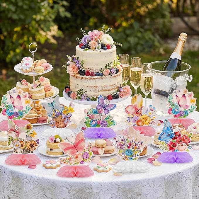 10Pcs Butterfly Centerpieces for Tables Butterfly Flowers Centerpieces Spring Honeycomb Table Decor Spring Flower Toppers for Birthday Party Supplies
