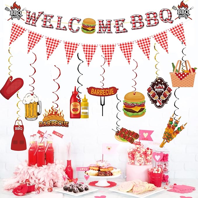 BBQ Themed Party Decorations,Welcome BBQ Banner, Barbecue Picnic Hanging Swirls for Birthday Party Decor Supplies
