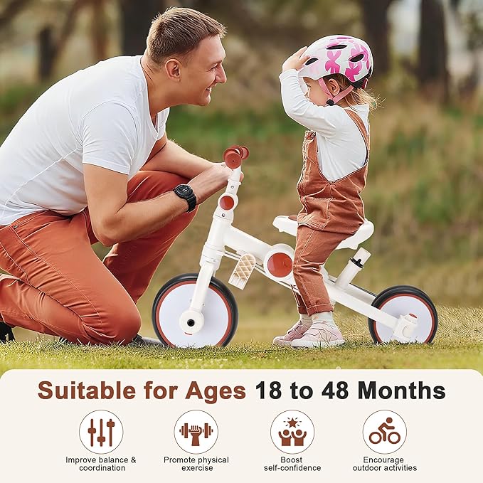 7-in-1 Foldable Baby Tricycle with Removable Canopy – Adjustable Parent Handle, Safety Harness & Wheel Brakes for Toddlers 1-5 Years Old, Balance Bike & Push Trike Gift for Boys & Girls, White