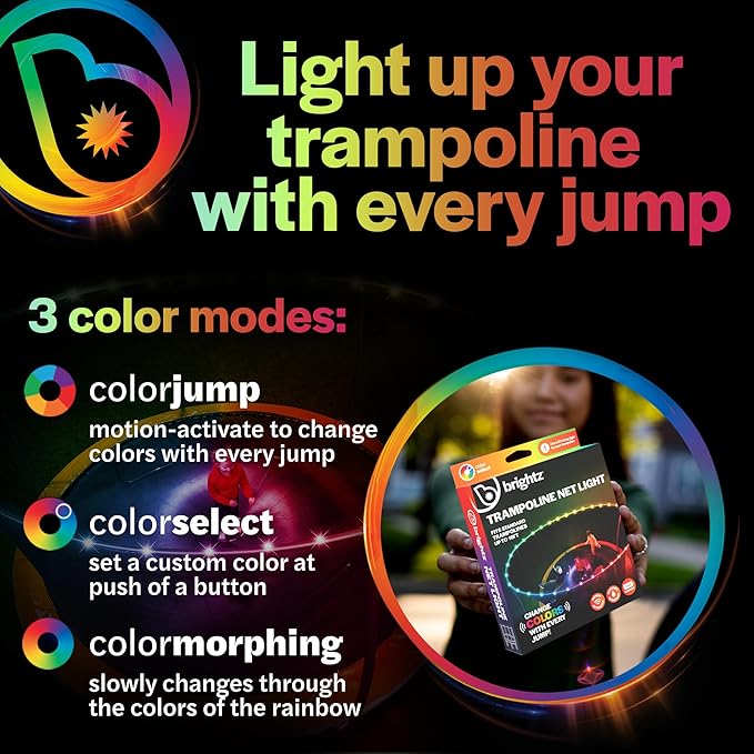 Brightz Above-The-Net Trampoline Lights - Fits All Trampolines up to 16 ft - Motion Activated with 3 Color Modes - Fun Trampoline Accessories - Christmas Gifts Stocking Stuffers for Kids, Boys, Girls