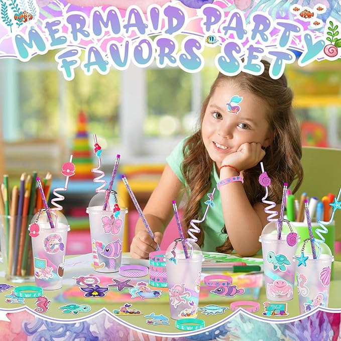 194 Pcs Valentine Gift Mermaid Party Favors Goody Cup Fillers, Mermaid Birthday Party Decorations Straws Keychains Pencils Bracelets for Goodie Bag Stuffer, Classroom Rewards, Piñata Supplies