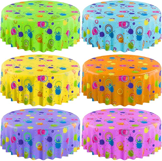 Oudain 6 Pcs Neon Party Table Cloths for Parties 84" Round Disposable Plastic Table Covers for Birthday Baby Shower 80s 90s Party Supplies Decor (Colorful)