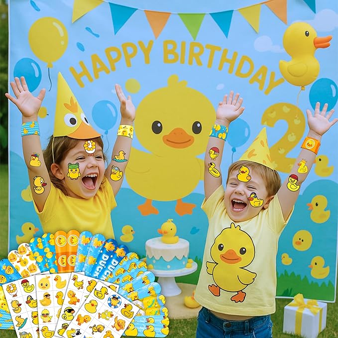72PCS Duck Party Favors - 48PCS Pre-cut Temporary Tattoos & 24PCS Slap Bracelets - Cute Birthday Party Supplies, Decorations, Baby Shower Gifts, Classroom Prizes, and Rewards for Boys & Girls