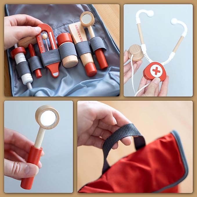 UMU® Wooden Mini Doctor Kit for Kids – 14 pcs Medical Playset for Toddlers with Stethoscope, Syringe, Doctor Bag, Blood Pressure Cuff & More – Pretend Play Set for Boys and Girls Ages 3 4 5 6