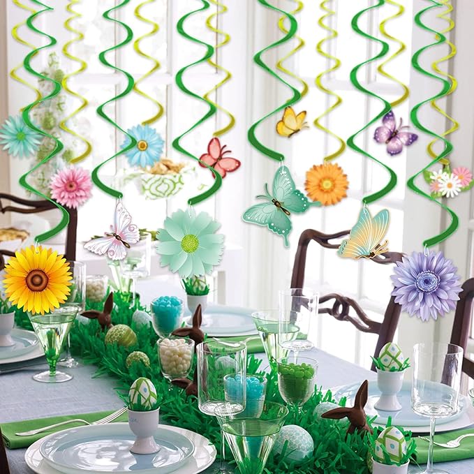 33pcs Spring Hanging Decorations for Home - Flower Butterfly Hanging Swirls with Led Lights for Spring Summer Easter Flower Butterfly Themed Birthday Party Decorations