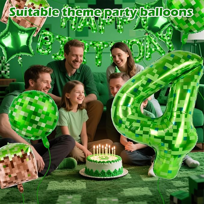Green Pixel Themed Happy Birthday Banner Party Decorations Set Including 40 Inch Number 4 Foil Balloons, Themed Party Essentials, TNT Pixel Backdrop Supplies for Boys Indoor Outdoor Celebration